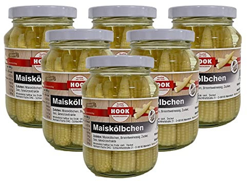 Hook - Clavos de maíz, 6 x 190 g de vidrio, delicioso acompañamiento para cualquier comida, rico en nutrientes como fibra, vitaminas y minerales, para carne, pescado o platos vegetarianos