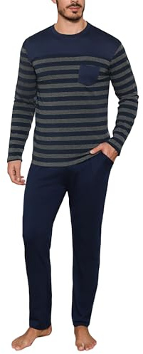 Aseniza Pyjama Homme Hiver Coton Ensembles de Pyjama Chauds à Manches Longues Vêtements de Détente pour Hommes Rayures Bleu Marine L