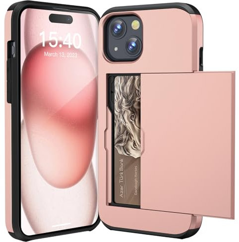 ACOCOBUY for iPhone 15 Case with Card Holder Sliding Cover Hidden Pocket IDs Credit Cards Slot Heavy Duty Shockproof Protective Dual Layer Wallet Phone Cover Back Shell for Men Women 6.1inch Rose Gold