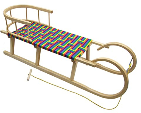 Luge à cornes en bois pour enfant avec dossier et corde de traction 100 cm Assise en fibres synthétiques arc-en-ciel
