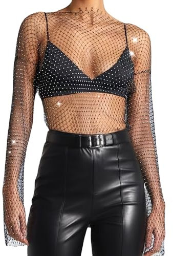 Strass Mesh Langarm Strasssteine Fischnetz Mesh Top Damen Sexy See Through Mesh Glänzende Strasssteine Kleid Fischnetz Strass Glänzendes Mesh Körper für Club Bademode Kleid Bikini