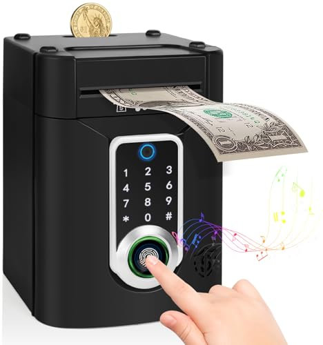 Highttoy Money Box for Kids, Electronic Password Piggy Bank with Touchscreen & Fingerprint, ATM Money Bank for Kids Safe Toy Gifts for 3-12 Year Old Boys Girls, Black