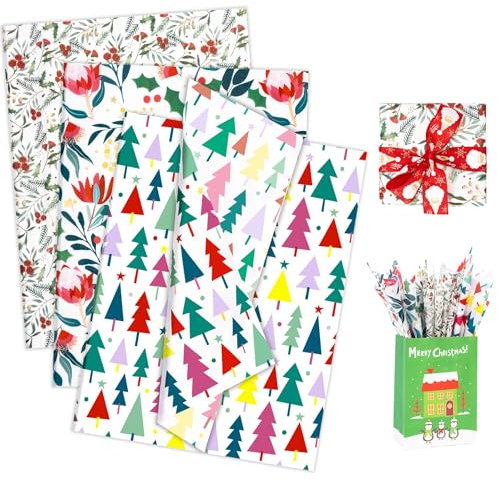 Larcenciel Papier Cadeau Noel, 60 Feuilles Papier de Soie Coloré Fleur Classique, Poinsettia Arbre de Noël Paper Cadeau Craft pour les Fêtes, Nouvel An, Anniversaires, Mariage, Christmas, 50x35 cm