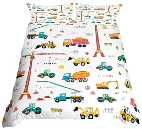 Homewish Tractor Bedding Double Bed Set for Kids, Excavator Machinery Trucks Duvet Cover for Teenage Boy, Construction Vehicle Quilt Cover, Bulldozer Crane Equipment Truck Duvet Cover Set 3Pcs