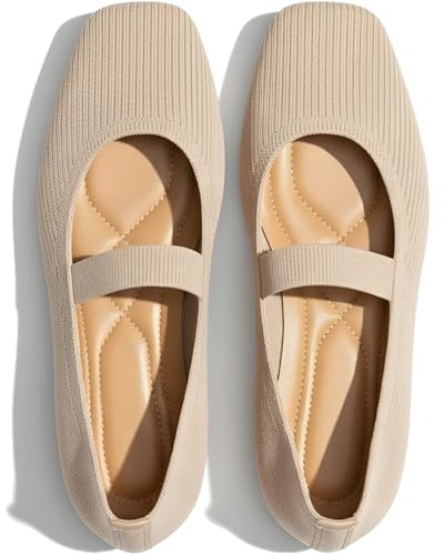Mary Jane Flats Squire Toe, Knit Ballet Flats with Elastic Strap for Everyday Wear, Lightweight and Breathable, Avaliable in Black, Red, Cream, Brown