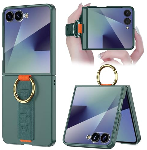 NINKI Finger Strap for Samsung Galaxy Z Flip 7 Case with Ring Holder & Screen Protector, Slim Full Body Protective Bumper for Galaxy Flip 7 Phone Case Grip Loop for Samsung Z Flip 7 Phone Cover Green
