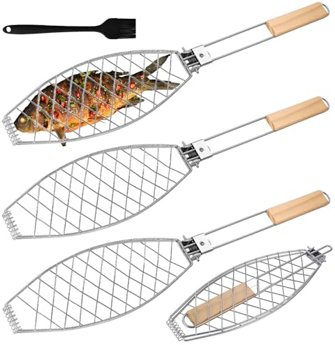 3 x Fish Roaster: Stainless Steel Fish Grill Holder with Wooden Handle, 62 x 12 cm Fish Grill Grid, Fish Tongs for Grilling, Fish Holder for Grill Basket, Fish Roaster, Foldable, Portable Fish Grill
