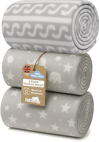Soft Touch Newborn Essentials Baby Fleece Blanket Set – 3x 75x75cm Micro Plush for Comfort in Car Seat, Cot & Pram – Unisex for Baby Boys & Girls