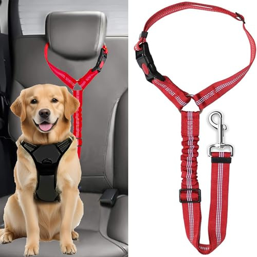 Dog Seat Belts For Cars, Uk Headrest Pet Car Seat Belt Adjustable, Dog Car Harness Dogs Safety Seatbelt, Anti Shock Elastic Pet Restraint Strong Leads Harness For Dogs Pets Safety (Red)