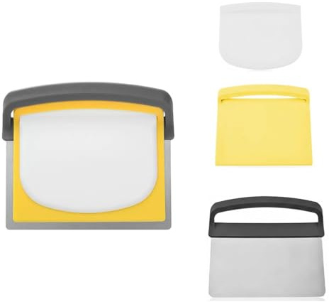 3-in-1 Multi-Purpose Dough Cutter – Premium Stainless Steel Scraper for Slicing Bread, Cake, and Fruits – Versatile Kitchen Tool with Ergonomic Handle – Easy to Clean and Store (Grey+Yellow+White)