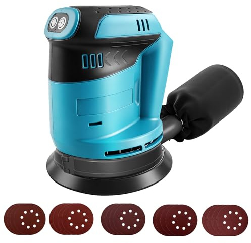 Levigatrice eccentrica per batteria Makita 18V, levigatrice a batteria da 125 mm, 3 velocità con contenitore per la raccolta della polvere e 20 fogli abrasivi (batterie non incluse)