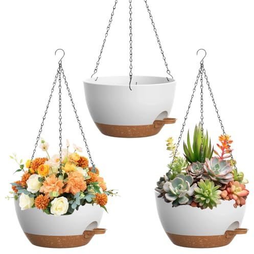 Meenewching Set di 3 vasi da fiori sospesi - 25 cm - Con sottovaso e fori di drenaggio - In plastica - Per balcone, soggiorno e giardino, interno ed esterno - Bianco