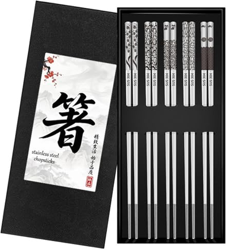 5 Coppie di Bacchette in Acciaio Inossidabile 304, Bacchette Antiscivolo per Sushi, Lavabili in Lavastoviglie, Bacchette di Metallo Cinesi e Giapponesi per Casa, Ristorante, Campeggio