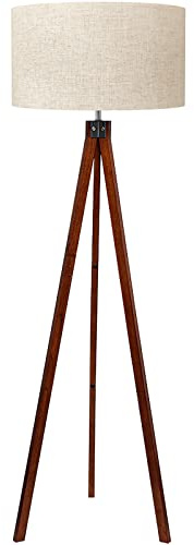LEPOWER Wood Tripod Floor Lamp, Mid Century Standing Lamp, Modern Design Studying Light for Living Room, Bedroom, Study Room and Office, Flaxen Linen Shade with E26 Base Brown
