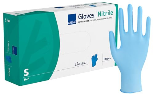 ABENA Blue Disposable Nitrile Gloves, Small, Pack of 100, Powder Free, Latex Free, Examination Gloves for Cleaning, Food Prep, Beauty, Medical & Hygiene, Strong Single Use Protective Gloves
