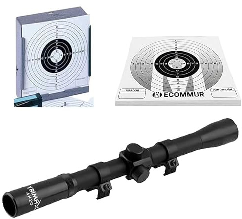 Pack precisión para iniciación de escopetas, carabinas y Rifles de balines: Visor telescópico 4x20 + cazabalines/tragabalines Plano + 100 dianas 14x14