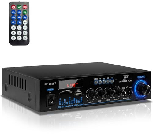 1000W Amplificatore Bluetooth 5.0 RMS 60 W X2 mini Audio Stereo con Telecomando ed Mini Display LCD, 12 V / 220 V, 2.0 Channel con Ingresso USB/RCA/Scheda SD/per Casa, Auto Audio,Audio Speaker