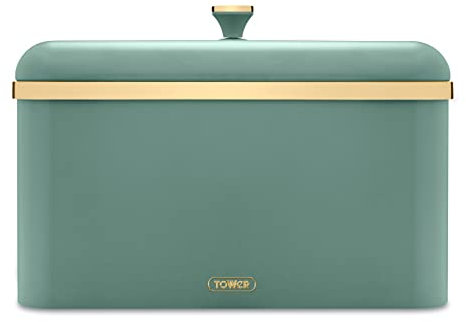 Tower T826130JDE Cavaletto Bread Bin with Removable Lid, Large Capacity, Durable Steel Body, Jade Green and Gold