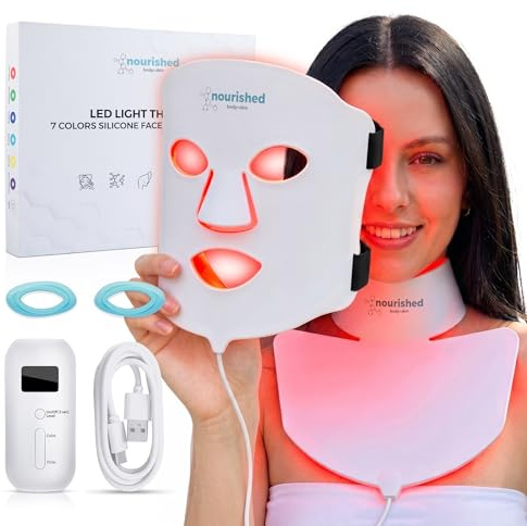 Nourished Bodynskin LED Light Therapy Face & Neck Mask – Facial Skin Care Device – 7 Colors Red & Blue – Rejuvenation, Anti-aging Product for Wrinkles