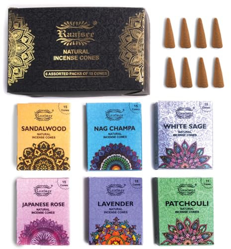 Raajsee Natürliche Räucherkegel, 6 Stück, gemischte Düfte, Geschenkpackung, je 15 Stück (90 insgesamt), 100 % biologisch, ungiftig, natürlich, handgerollt, frei von Chemikalien (1 Stück)
