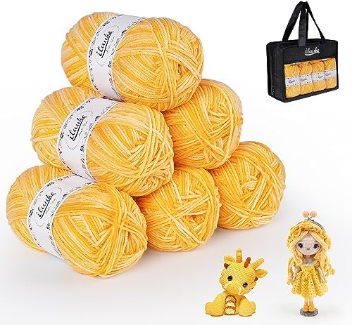 ilauke Acrylgarn zum Stricken, 6 Stück Handstrickgarn Farbverlauf Set, 6x50g Wolle zum Stricken und Häkeln Häkelgarn zum Häkeln und Kunsthandwerk für Anfänger und Kinder mit 1 Handtasche, Mehrfarbige