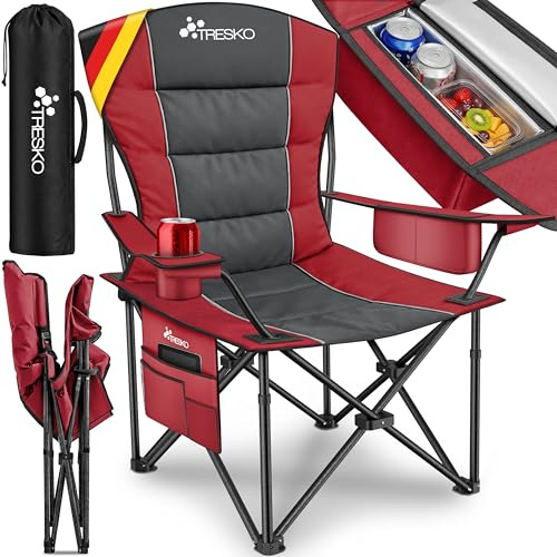 TRESKO® Silla de Camping Plegable y transportable | hasta 150 kg | Silla de Pesca portátil con reposabrazos y portabebidas (Rojo)