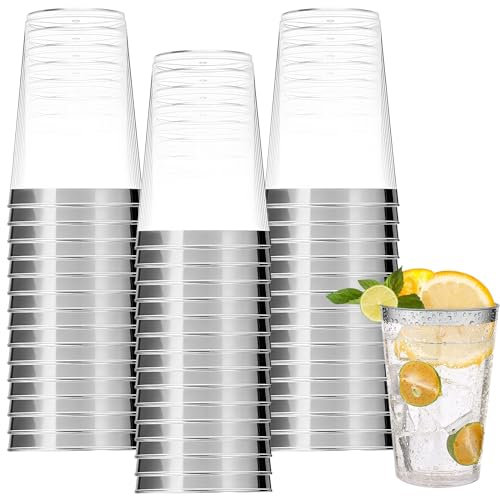 Lot de 60 gobelets de fête en plastique dur de 300 ml avec coupe en argent, réutilisables, pour boissons, cocktails, champagne, anniversaires, mariages