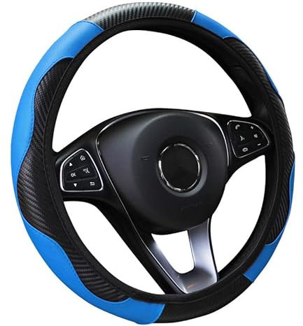 VidFair Car Steering Wheel Cover Leather,Anti-slip Breathable Carbon Fiber Sports Elastic Band Without Inner Ring Steering Wheel Cover Universal Size 14.5-15inch for Fit Four Seasons(Black-Blue)