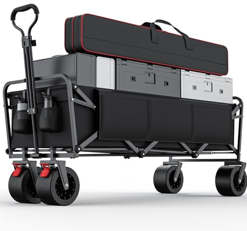 Carro de Mano Large 150KG 250L, Morpilot Carro de Jardín Plegable Ruedas Grandes, Carrito Plegable Transporte con Mango Ajustable para Jardín, Playa, Camping, Compras, Negro