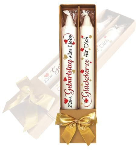 2er Set Geburtstagskerzen Kerzen – Zum Geburtstag, Alles Liebe & Glückskerze für Dich - in Geschenkverpackung mit Schleife | Sprüche auf Spitzkerzen Stabkerzen mit Tattoofolie im Geschenkset