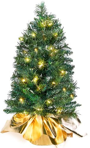 JOIEDOMI Albero di Natale piccolo 2 piedi con luci a LED calde, albero di Natale da tavolo, albero di Natale artificiale illuminato, mini albero verde per decorazioni natalizie