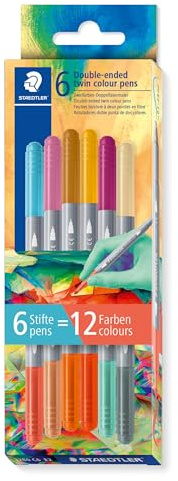 Staedtler 3280 3280C6E2-2 Double-Tone Fibre Tip Pens Line Widths 3 mm and 1 mm Cardboard Case with 6 Fibre Tip Pens