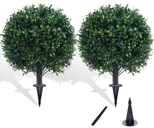 Chillchard Artificial Boxwood Topiary Ball Bush for Outdoor with Spike, UV Resistant Faux Boxwood Ball Tree with Stake for Outside Set of 2, Weatherproof Round Fake Shrubs for Entryway Front Porch