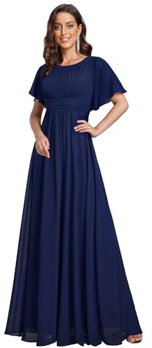 Ever-Pretty Simple Chiffon Pleated A-Line Round Neckline Maxi Bridesmaid Dress Navy Blue 14UK
