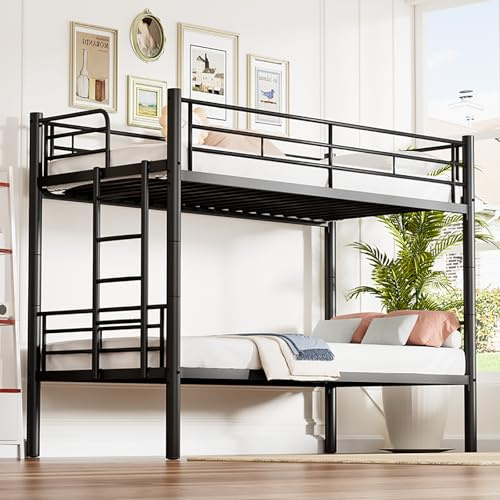 Cenbunsh Lit Superposé en Fer 90x190, 2 en 1 Lit Détachable 2 Places avec Garde-Corps et Échelle Métallique, pour Adolescent et Adulte, Style Industriel (Noir-Régulier)