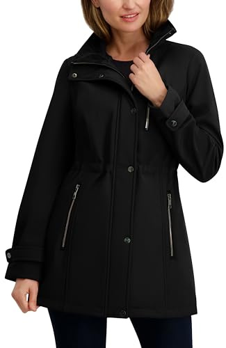 Nautica Women's Softshell Jacket – Water-Resistant Transitional Coat Faux Fur Hood, Adjustable Waist, Black, Medium