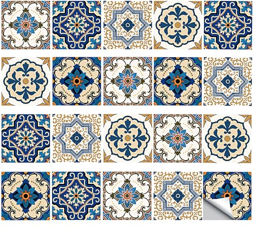 PYSEOSISE Adhesivos para Azulejos, 20 Piezas Baldosas Adhesivas Azules, 15 x 15 cm Lámina Vintage PVC Impermeable Pegatinas de Azulejos para Cocina Baño Escalera Armario Mueble