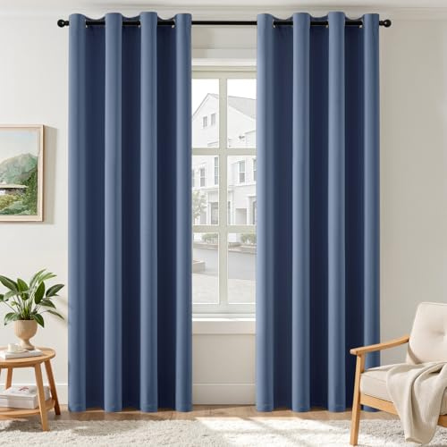 EMEMA Vorhänge Steinblau Blickdicht mit Ösen 225 cm Lang, Weiche Verdunklungsvorhänge von Räumen 2er Set Abdunkelnde Vorhänge für Wohnzimmer Schlafzimmer, Blickdichte Ösenvorhänge Jeder H225 x B140 cm