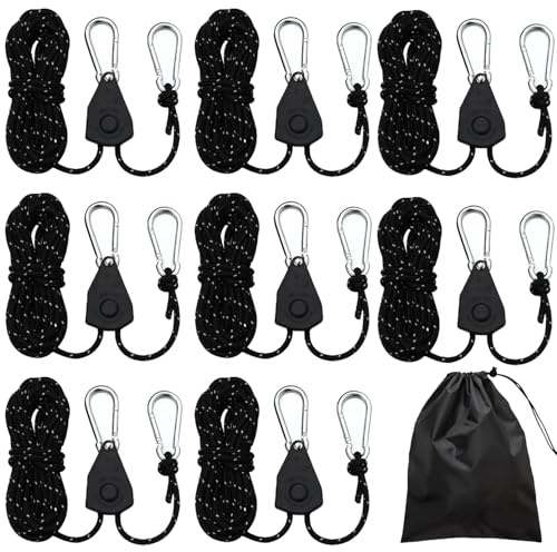 8 Stück 1/8 Zoll 4mm 4M Einstellbare Seilratsche, Reflektierend Abspannseile Seilhaken Seil Ratchet Hanger Seilaufhänger Leichte Abspannleine Zeltschnur mit Spanner für Zelt Zeltplane Camping (8)