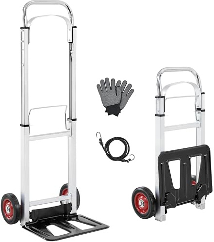 Yaheetech Heavy Duty Metal Hand Trolley, Folding Sack Truck on Wheels with Adjustable Handle Height & Gloves & Bungee Cord for Moving Furniture, Plants, 100 kg Capacity, Black