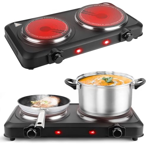 2000W Electric Infrared Dual Burner Hot Plate, Portable Glass Cooktop Stove with Stepless Temperature Control, Countertop RV Cooking Heater, Fast Heating Double Burner for Home, Camp & Dorm