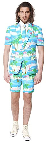 OppoSuits Herren Men Suit Business-Anzug Hosen-Set Inklusive Shorts, Kurzarmjacke & Krawatte, Flaminguy, 54 EU