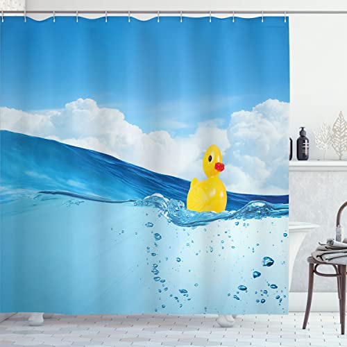 Ambesonne Rubber Duck Shower Curtain, Little Duckling Swimming in Pond Pool Sea Sunny Day Floating on Water, Cloth Fabric Bathroom Decor Set with Hooks, 69 W x 70 L, Blue Yellow