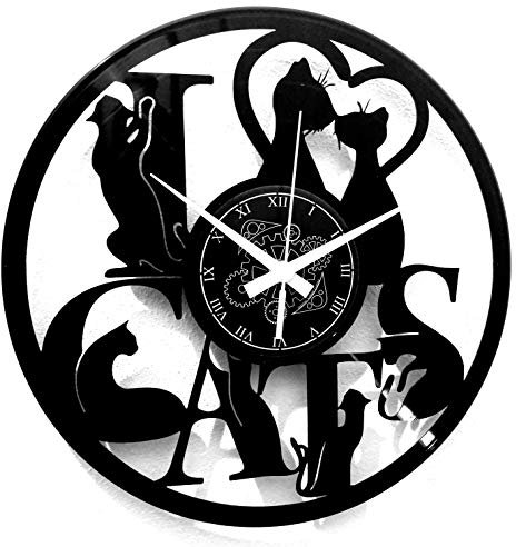 Instant Karma Clocks | Katzen Design Wanduhr aus Musik-Schallplatte – I Love Cats Motiv | Geräuschlosem Quarzwerk | Geschenkidee für Küche, Schlafzimmer, Wohnzimmer