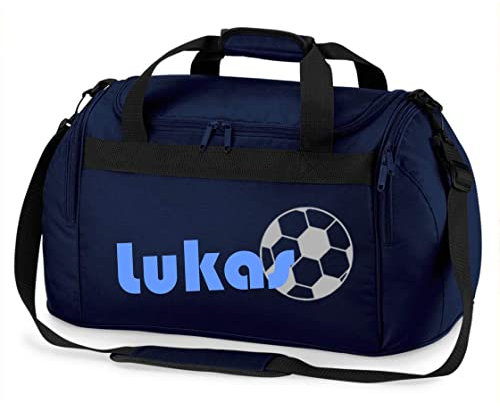 Sporttasche mit Namen | inkl. NAMENSDRUCK | Motiv Fußball | Personalisieren & Bedrucken | Reisetasche Jungen Ball Sport-Verein | blau schwarz (dunkelblau)