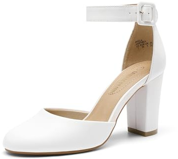 DREAM PAIRS Womens High Heels Closed Toe Court Shoes Block Ankle Strap Ladies Sandals for Wedding,Size 6,White/pu,Angela