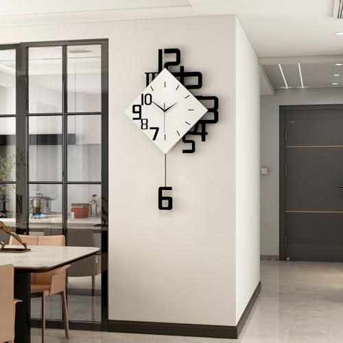 FLEBLE Modern Large Wall Clocks for Living Room Decor Big Silent Pendulum Wall Clock Battery Operated for Office Kitchen Bedroom Home Decoration Wooden 30 Inch Giant White Wall Watch Clock Non-Ticking
