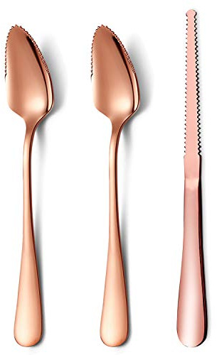 Rose Gold Grapefruit Spoons 3 Pieces Set, 2 Stainless Steel Grapefruit Spoon And 1 Grapefruit knife With Titanium Plating, Grapefruit Utensil Set, Serrated Edges Spoon pack of 3