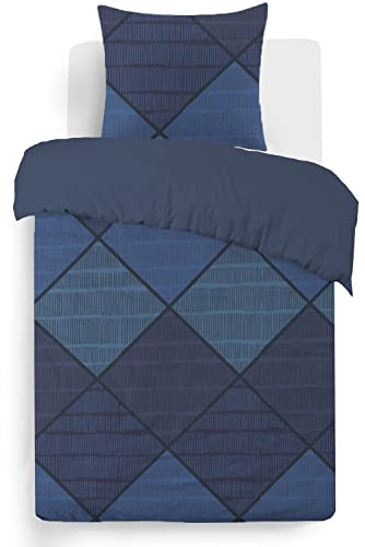 Vision - Parure de lit Harold - 100% Coton - Bleu - Set de Housse de Couette 140x200 cm avec 1 taie d'oreiller pour lit 1 Personne - Fibres Naturelles - Oekotex