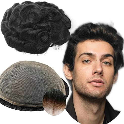 Protesi Capelli Uomo Yanahair Toupee per Uomini Parrucchini Parrucca Capelli Veri Uomo Parrucche 100% Europeo Capelli Umani Veri Pieno Francese Pizzo Toupet (8x10”,#1B nero naturale)